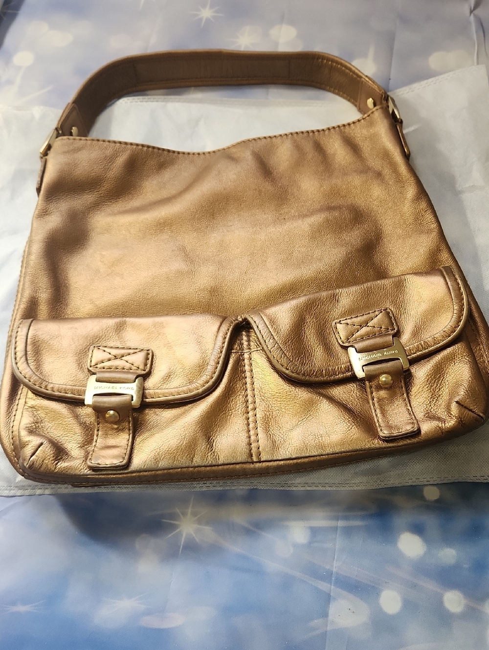 Michael Kors Metallic Gold Leather Shoulder Bag with Front Flap Pockets